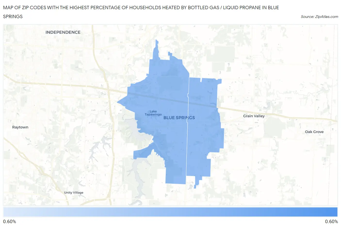 Zip Codes with the Highest Percentage of Households Heated by Bottled Gas / Liquid Propane in Blue Springs Map