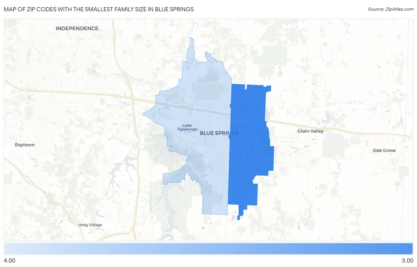 Zip Codes with the Smallest Family Size in Blue Springs Map