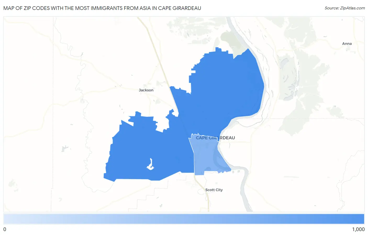 Zip Codes with the Most Immigrants from Asia in Cape Girardeau Map