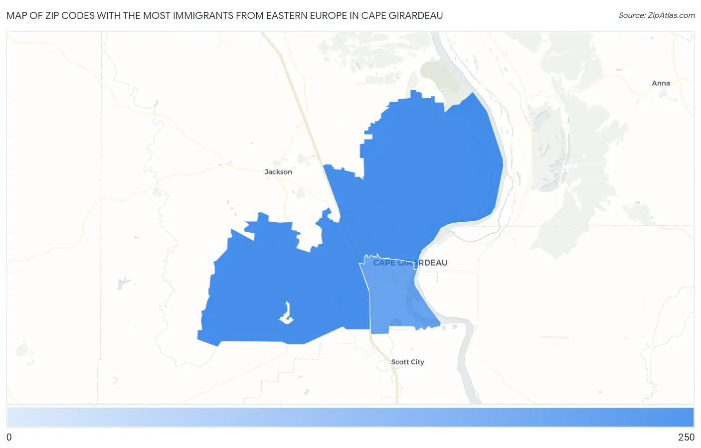 Zip Codes with the Most Immigrants from Eastern Europe in Cape Girardeau Map