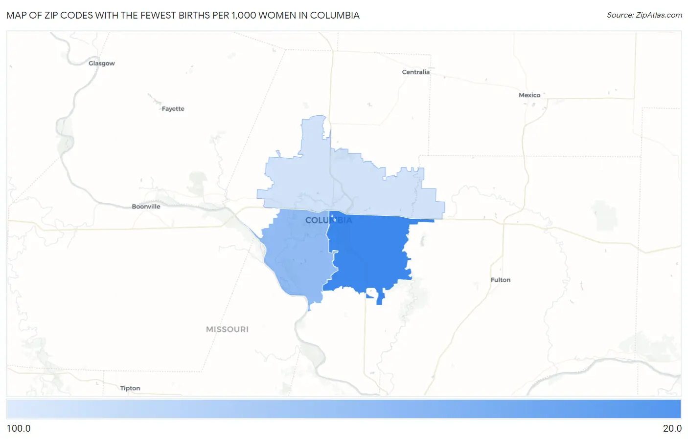 Zip Codes with the Fewest Births per 1,000 Women in Columbia Map