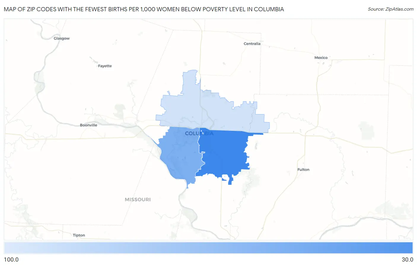 Zip Codes with the Fewest Births per 1,000 Women Below Poverty Level in Columbia Map