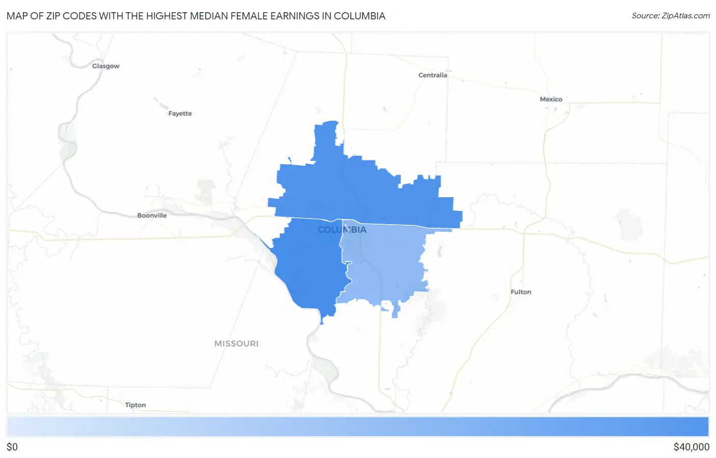Zip Codes with the Highest Median Female Earnings in Columbia Map