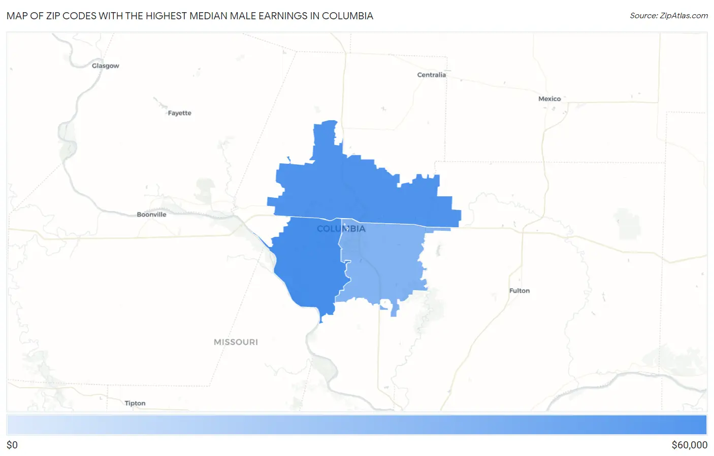 Zip Codes with the Highest Median Male Earnings in Columbia Map