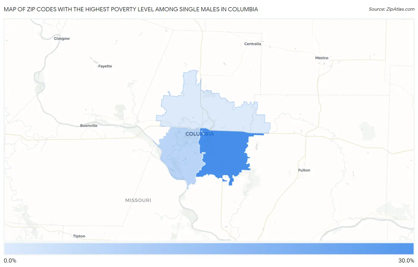 Zip Codes with the Highest Poverty Level Among Single Males in Columbia Map