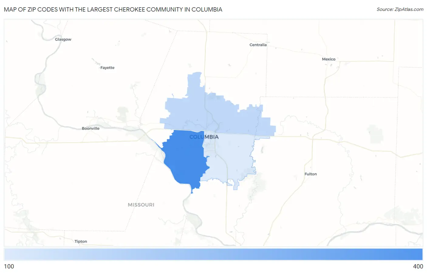 Zip Codes with the Largest Cherokee Community in Columbia Map