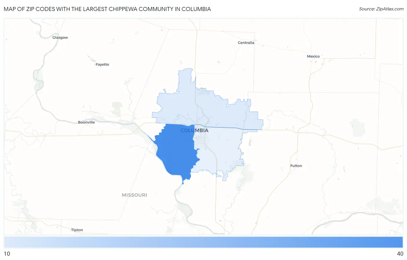 Zip Codes with the Largest Chippewa Community in Columbia Map