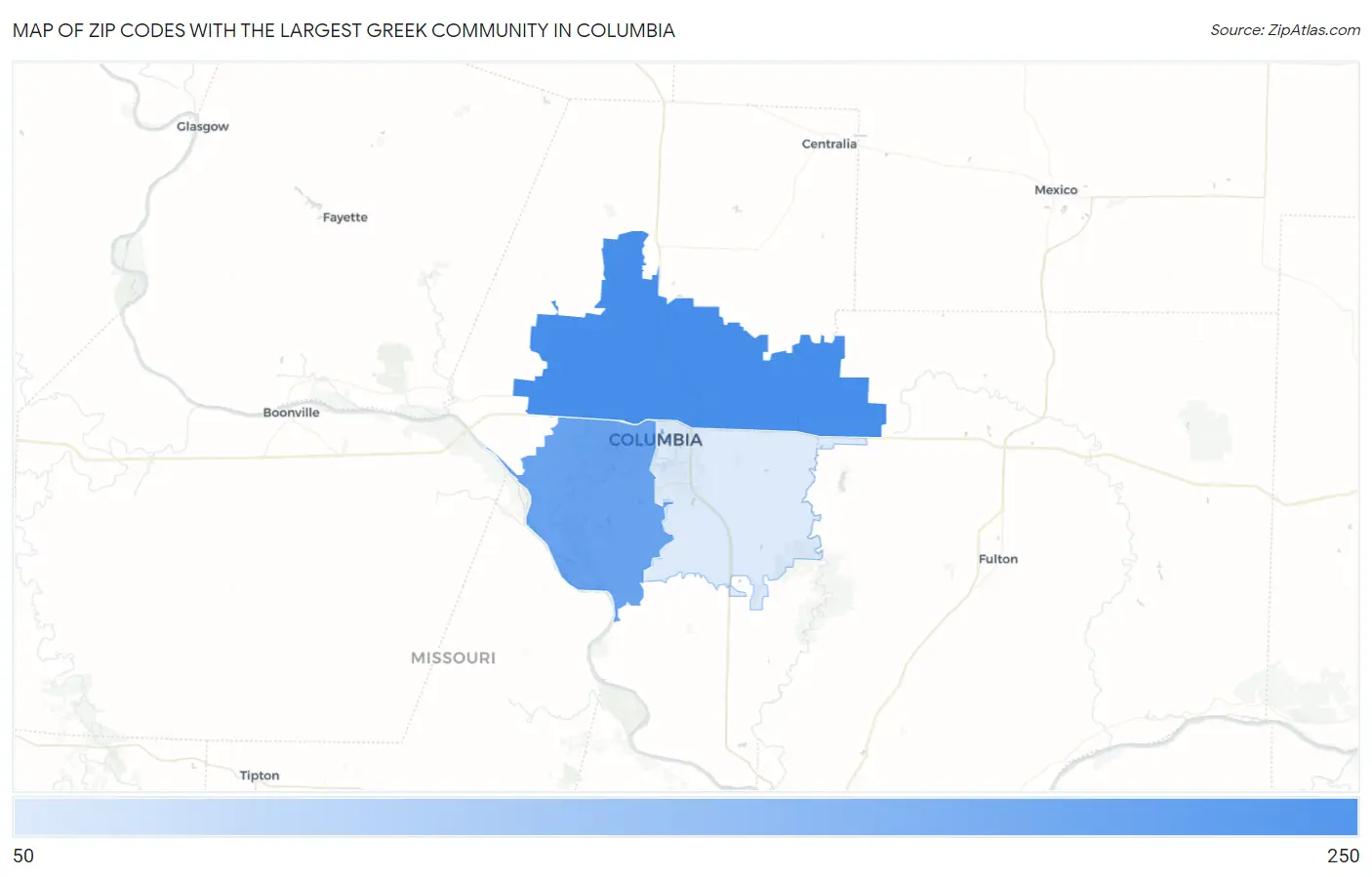 Zip Codes with the Largest Greek Community in Columbia Map