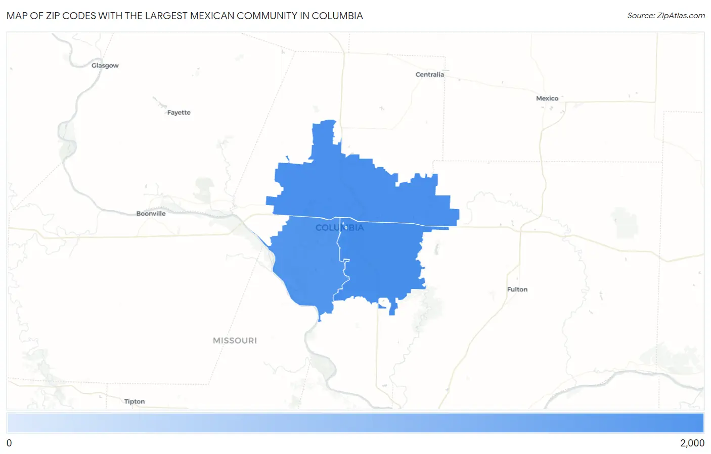 Zip Codes with the Largest Mexican Community in Columbia Map