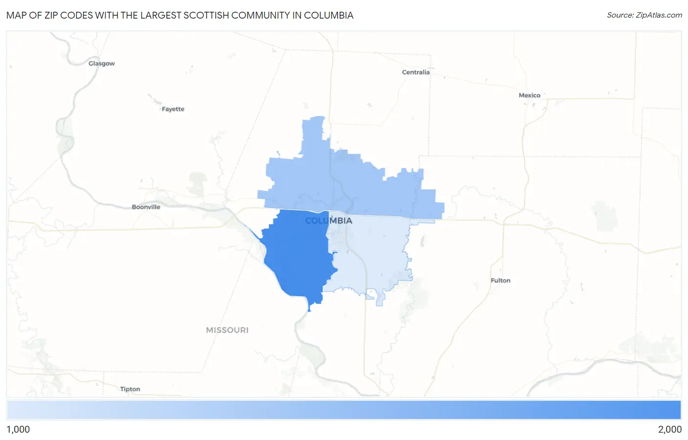 Zip Codes with the Largest Scottish Community in Columbia Map