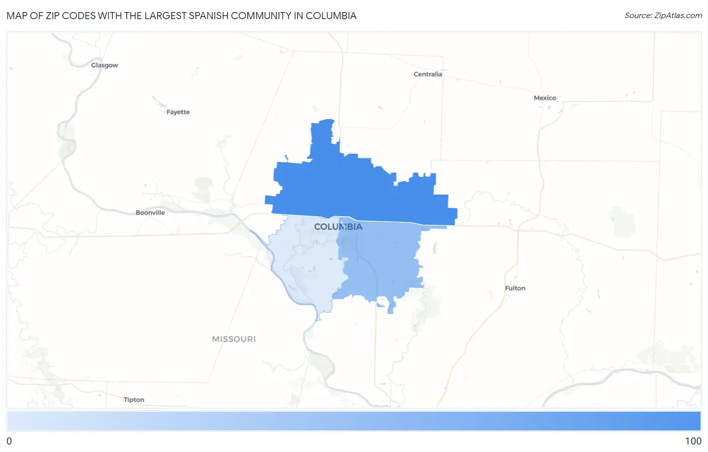 Zip Codes with the Largest Spanish Community in Columbia Map