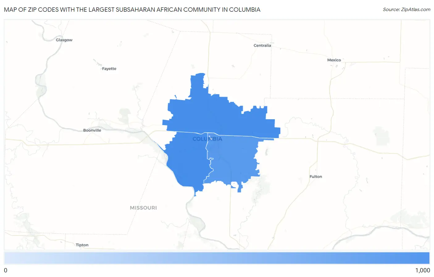 Zip Codes with the Largest Subsaharan African Community in Columbia Map