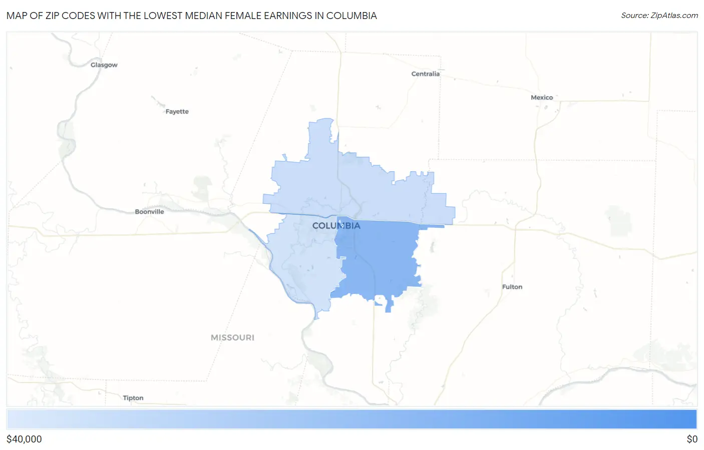 Zip Codes with the Lowest Median Female Earnings in Columbia Map