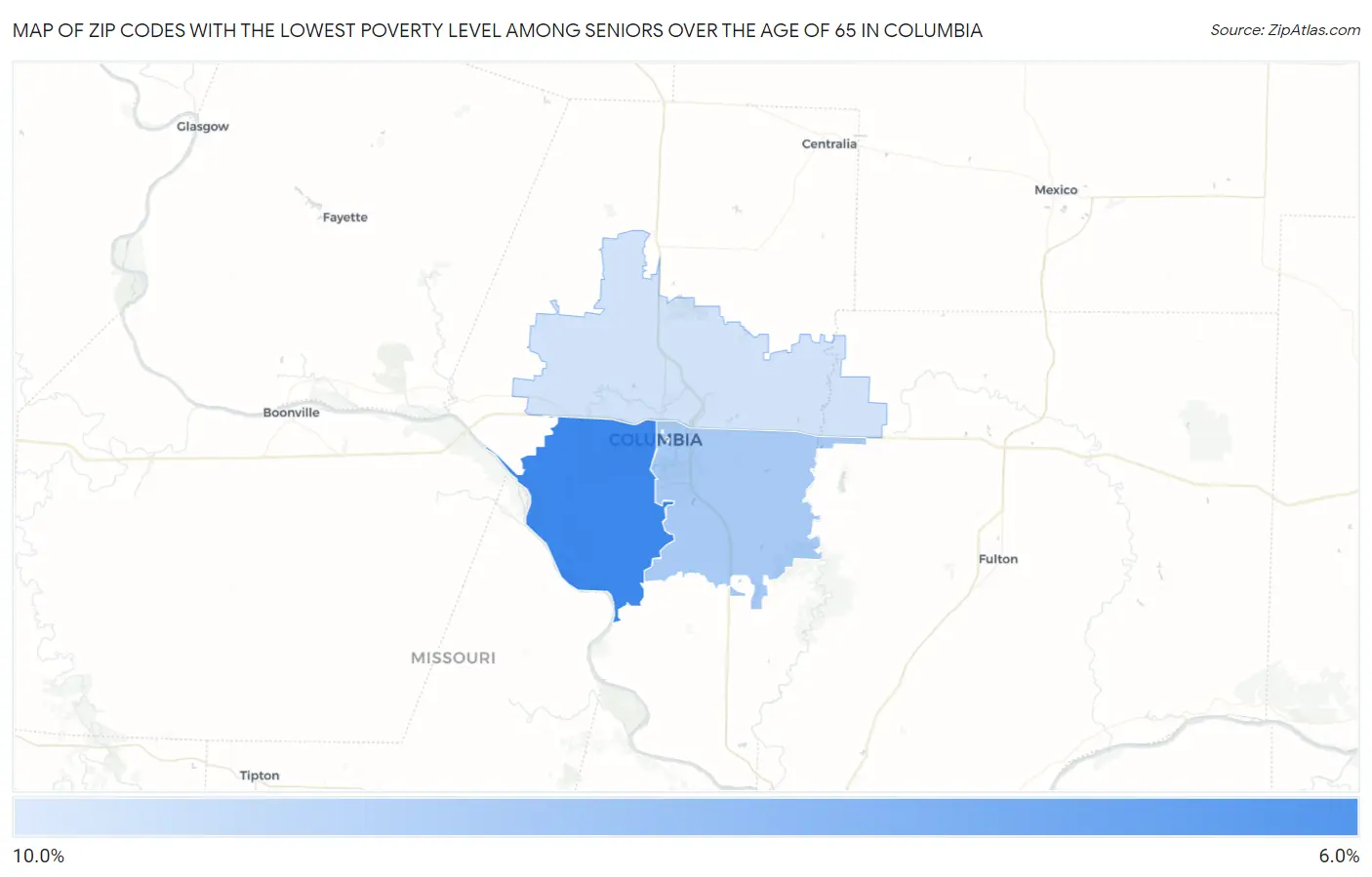 Zip Codes with the Lowest Poverty Level Among Seniors Over the Age of 65 in Columbia Map