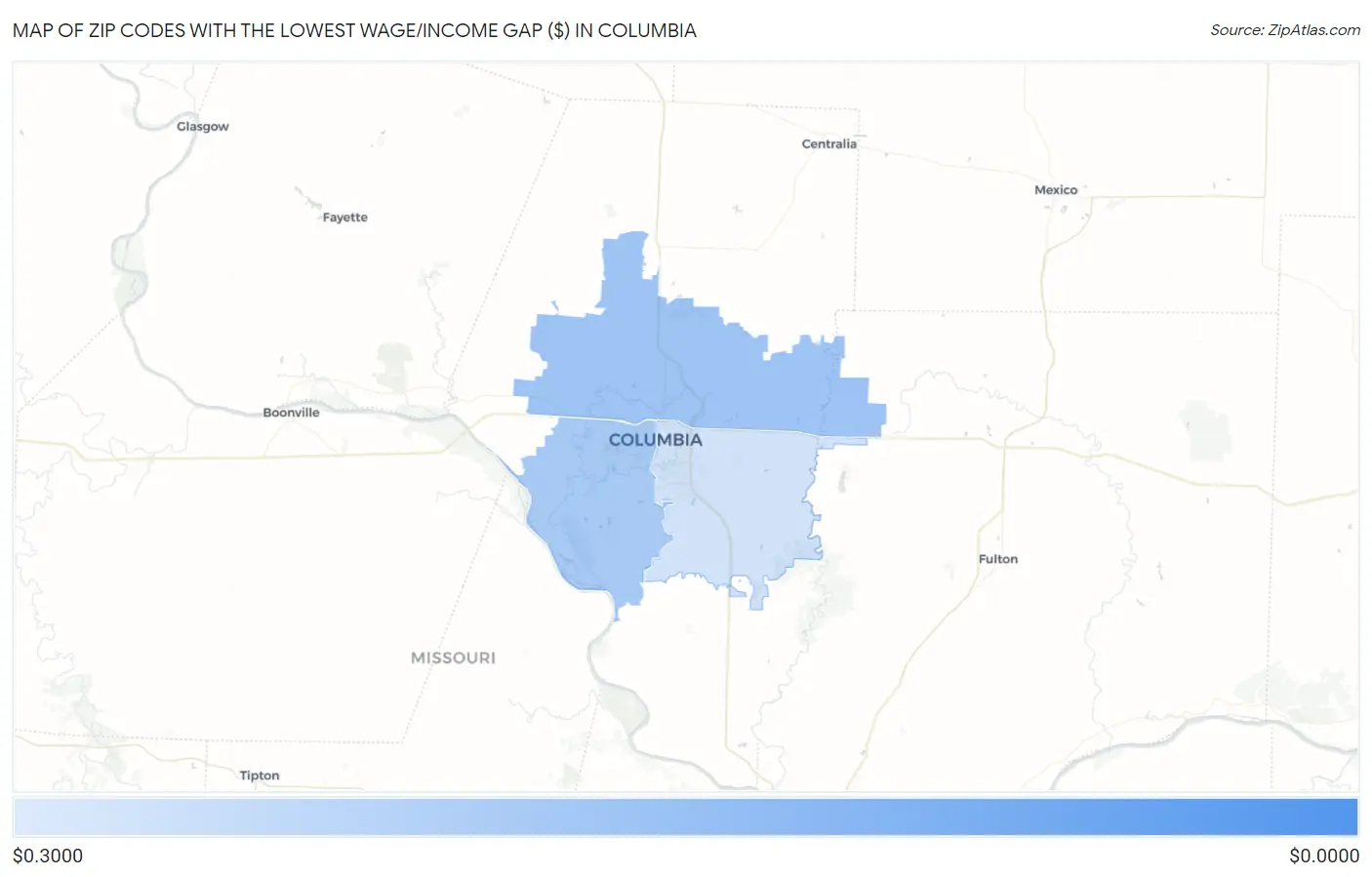 Zip Codes with the Lowest Wage/Income Gap ($) in Columbia Map