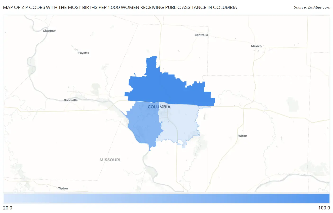 Zip Codes with the Most Births per 1,000 Women Receiving Public Assitance in Columbia Map