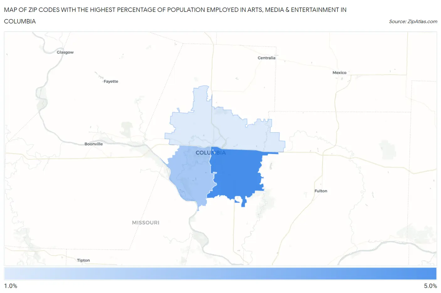 Zip Codes with the Highest Percentage of Population Employed in Arts, Media & Entertainment in Columbia Map