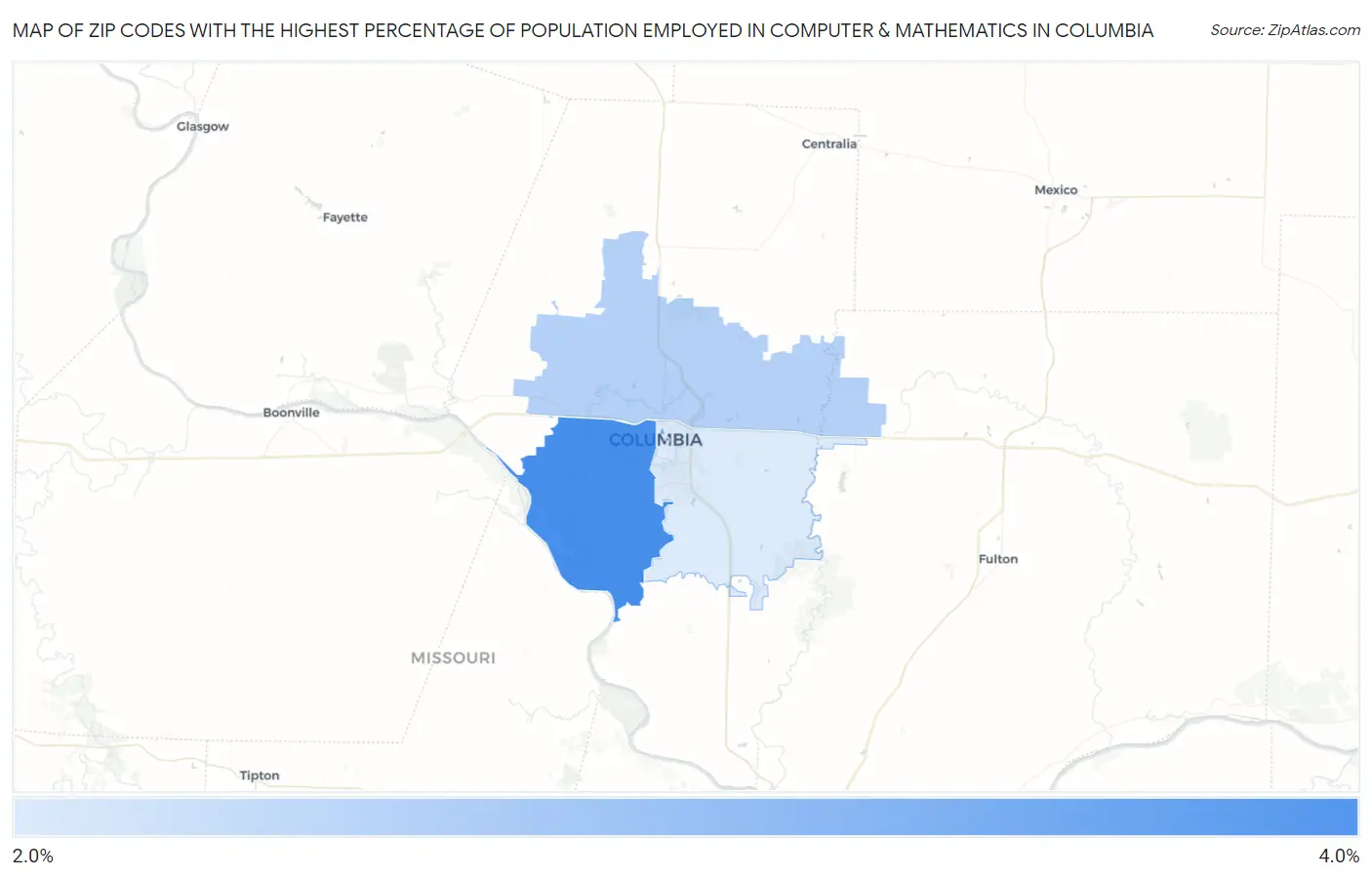 Zip Codes with the Highest Percentage of Population Employed in Computer & Mathematics in Columbia Map