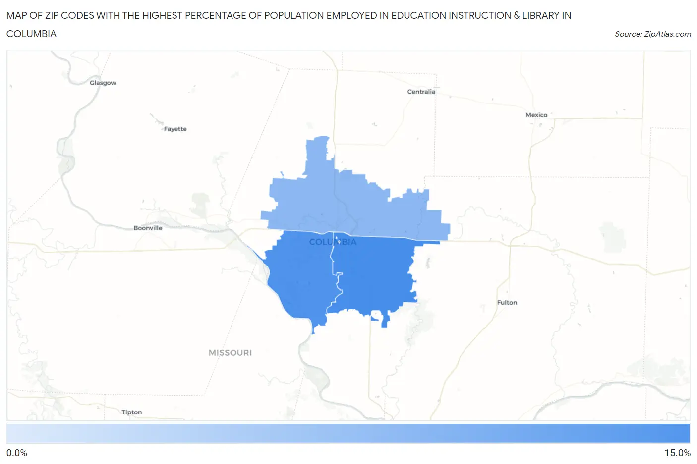 Zip Codes with the Highest Percentage of Population Employed in Education Instruction & Library in Columbia Map