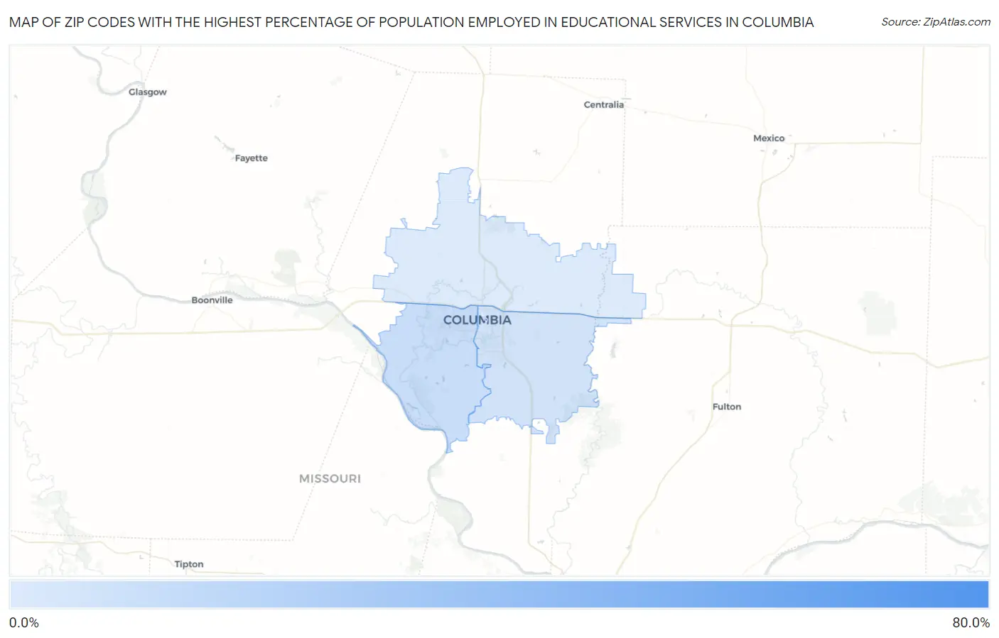 Zip Codes with the Highest Percentage of Population Employed in Educational Services in Columbia Map