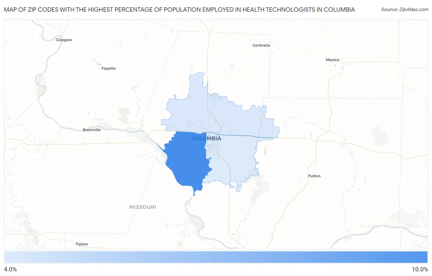 Zip Codes with the Highest Percentage of Population Employed in Health Technologists in Columbia Map