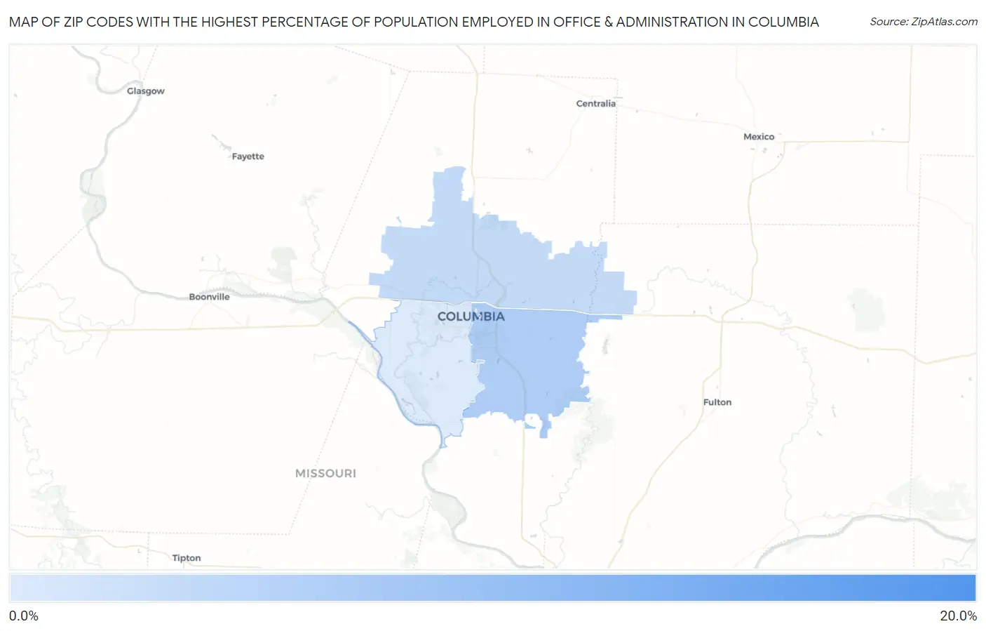 Zip Codes with the Highest Percentage of Population Employed in Office & Administration in Columbia Map