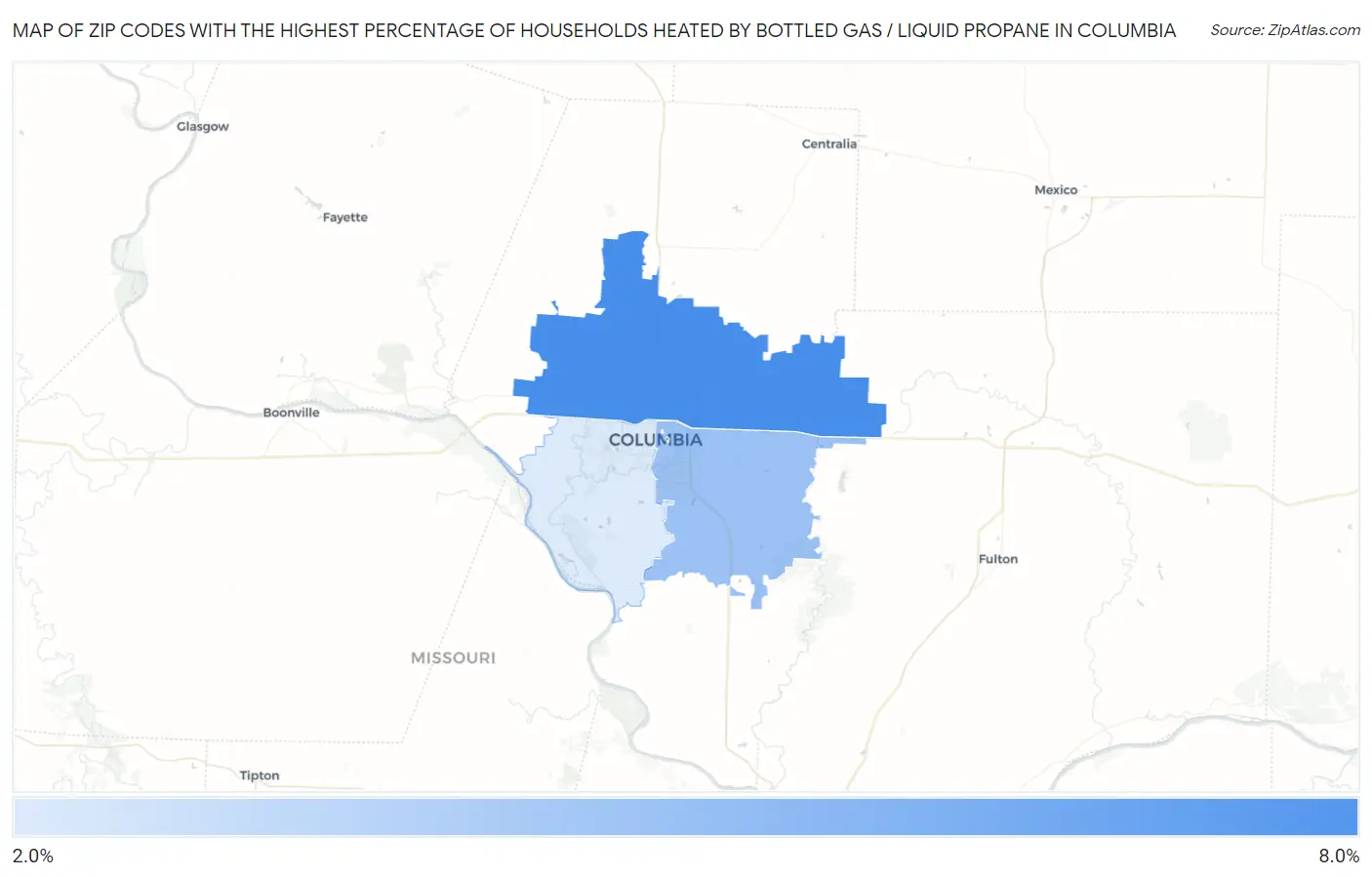 Zip Codes with the Highest Percentage of Households Heated by Bottled Gas / Liquid Propane in Columbia Map