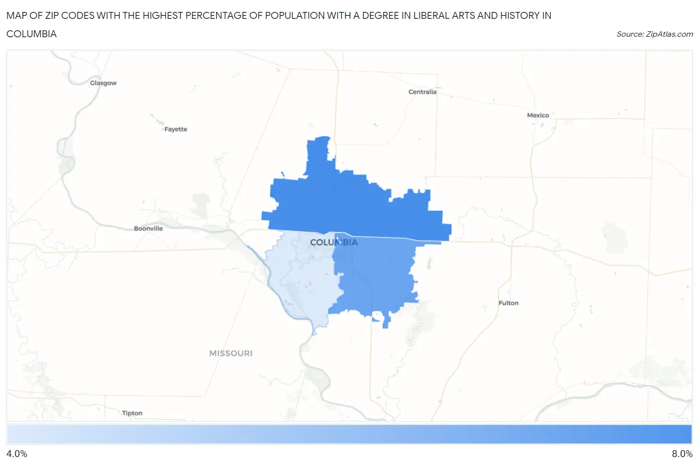 Zip Codes with the Highest Percentage of Population with a Degree in Liberal Arts and History in Columbia Map