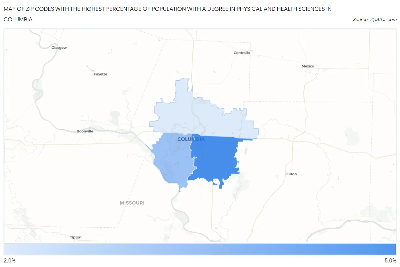 Zip Codes with the Highest Percentage of Population with a Degree in Physical and Health Sciences in Columbia Map