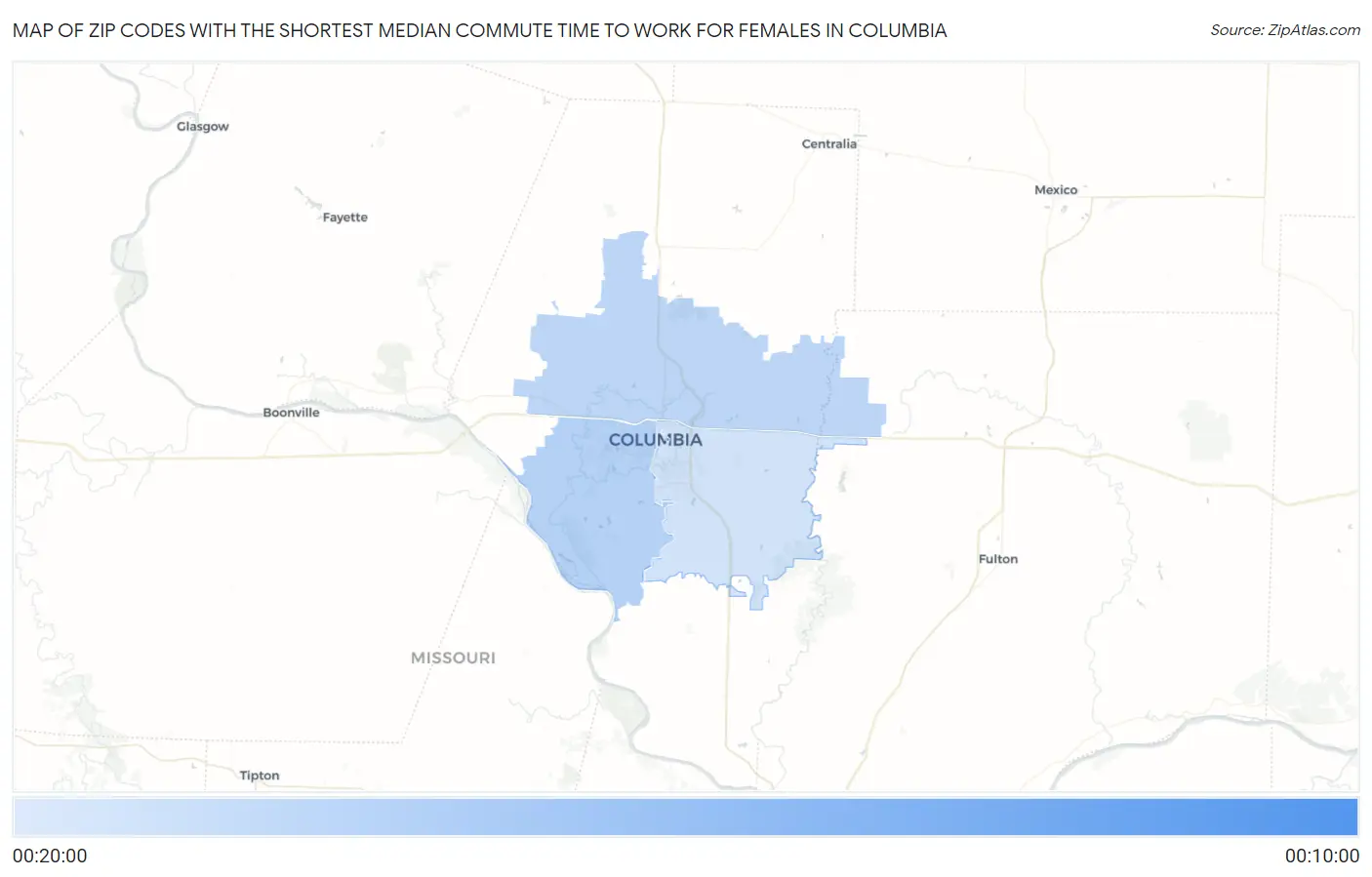 Zip Codes with the Shortest Median Commute Time to Work for Females in Columbia Map