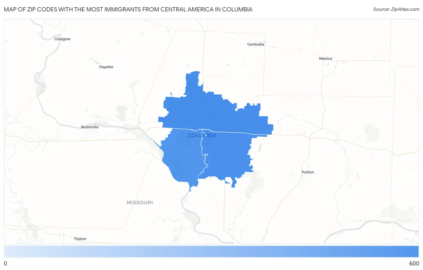 Zip Codes with the Most Immigrants from Central America in Columbia Map
