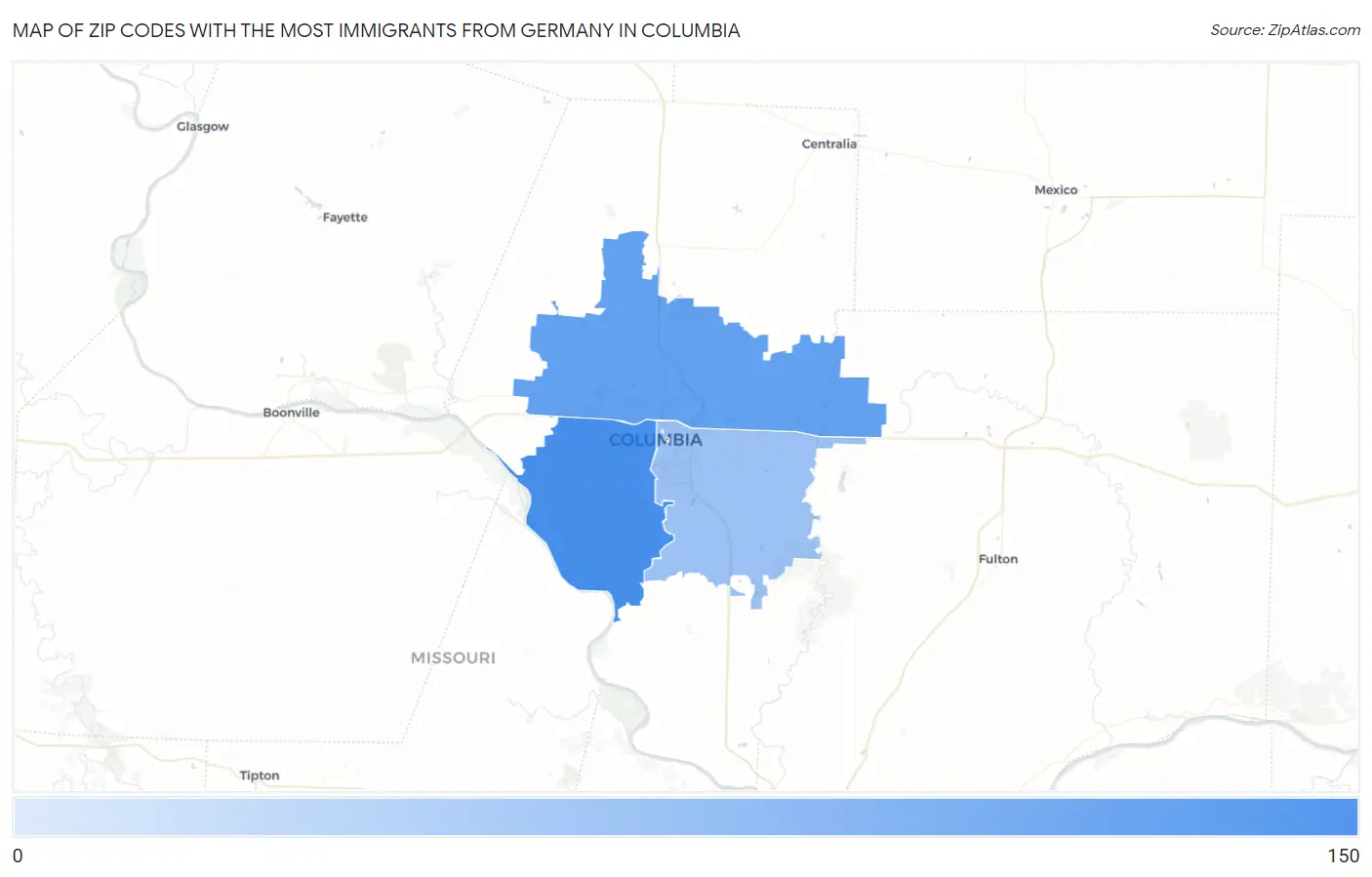 Zip Codes with the Most Immigrants from Germany in Columbia Map