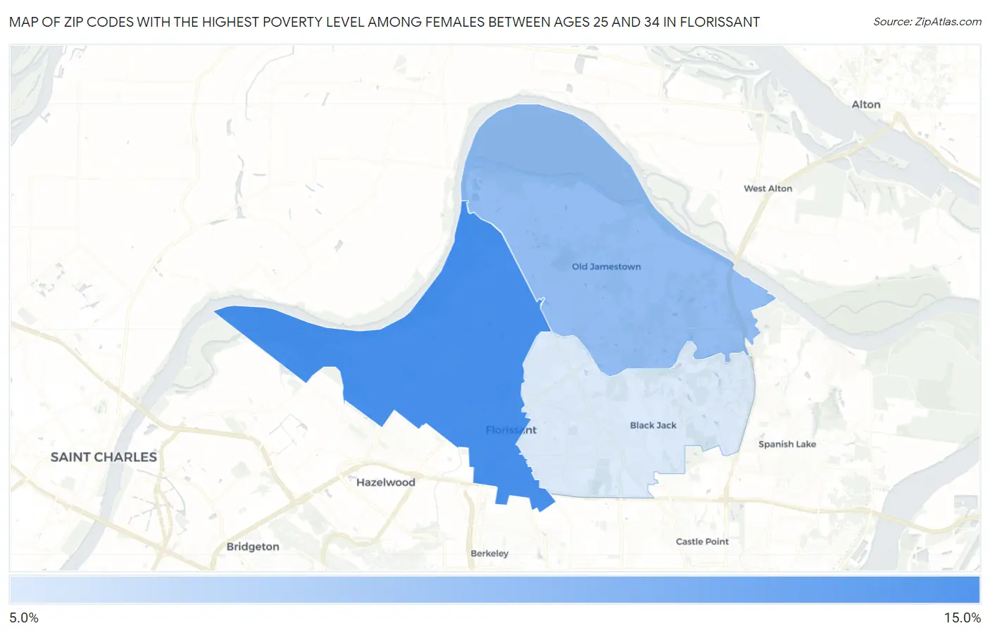 Zip Codes with the Highest Poverty Level Among Females Between Ages 25 and 34 in Florissant Map