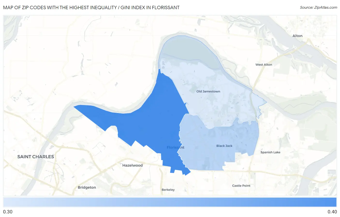 Zip Codes with the Highest Inequality / Gini Index in Florissant Map