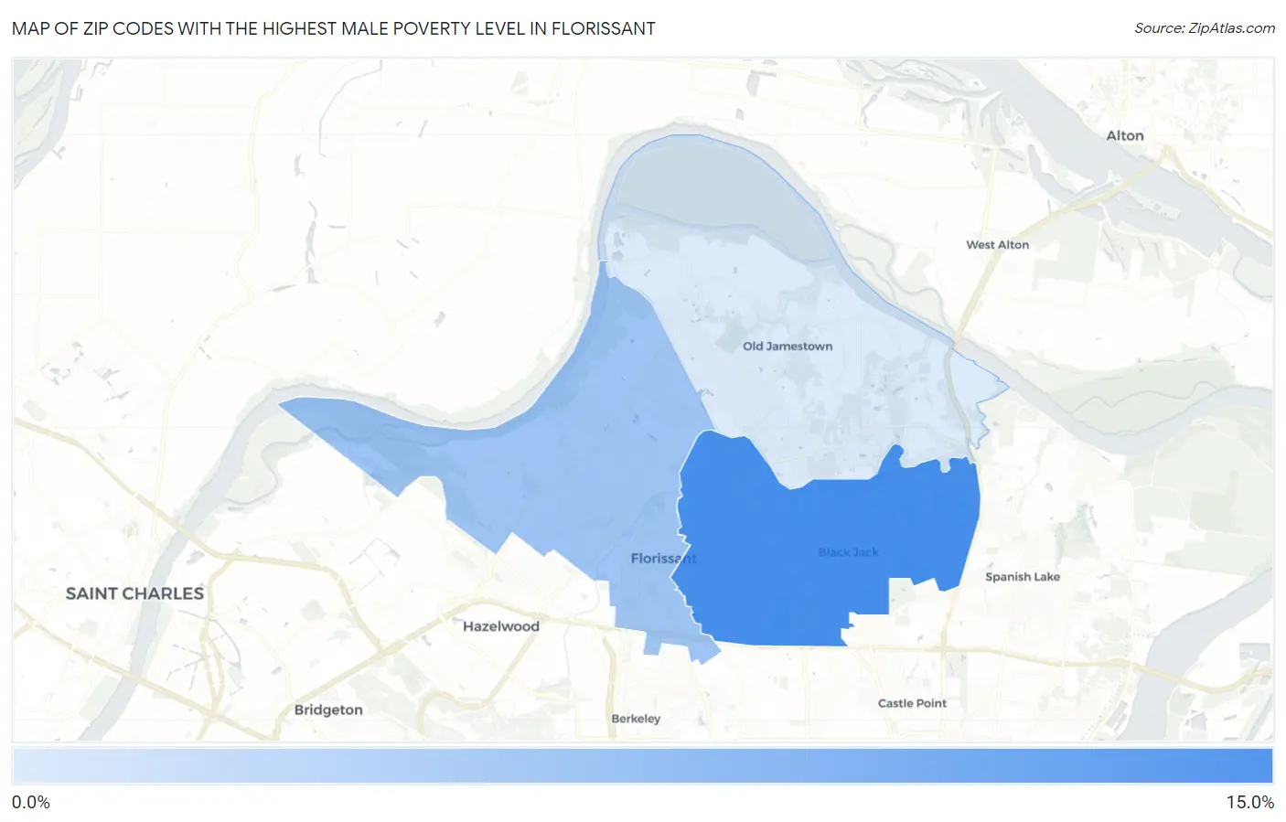 Zip Codes with the Highest Male Poverty Level in Florissant Map