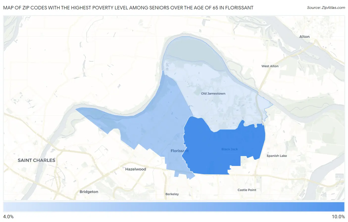 Zip Codes with the Highest Poverty Level Among Seniors Over the Age of 65 in Florissant Map