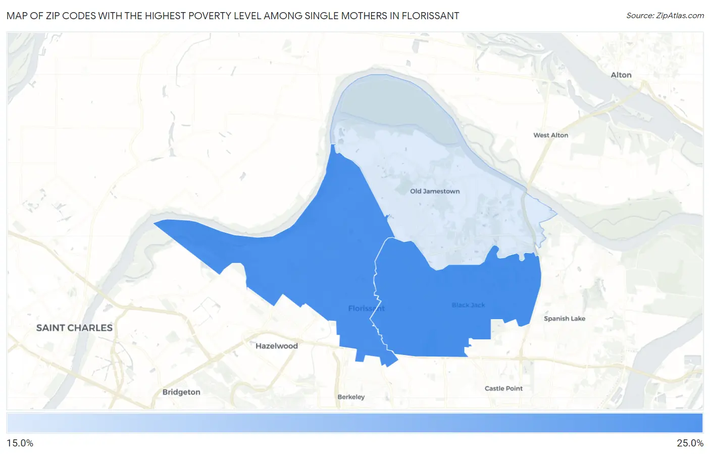 Zip Codes with the Highest Poverty Level Among Single Mothers in Florissant Map