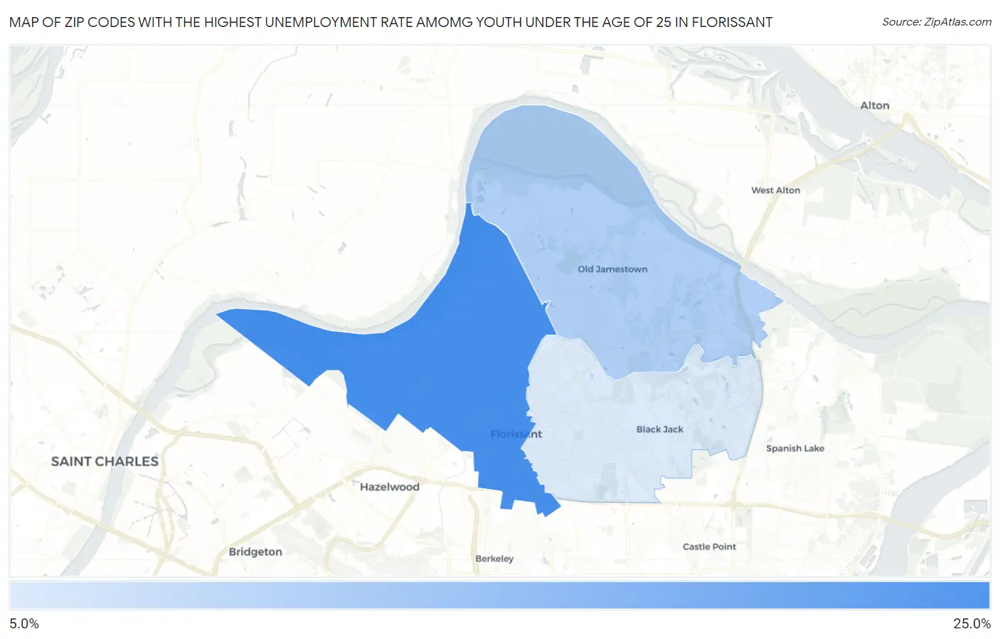 Zip Codes with the Highest Unemployment Rate Amomg Youth Under the Age of 25 in Florissant Map