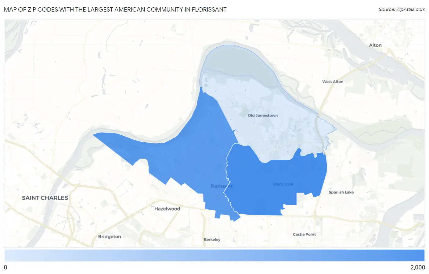 Zip Codes with the Largest American Community in Florissant Map