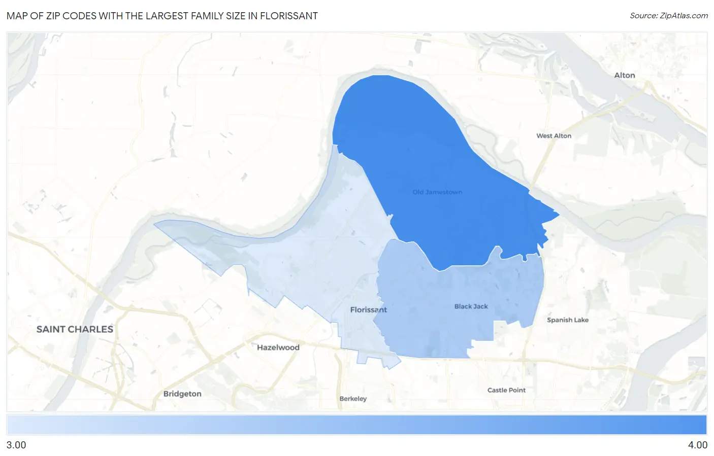 Zip Codes with the Largest Family Size in Florissant Map