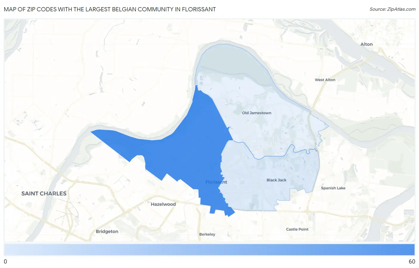 Zip Codes with the Largest Belgian Community in Florissant Map