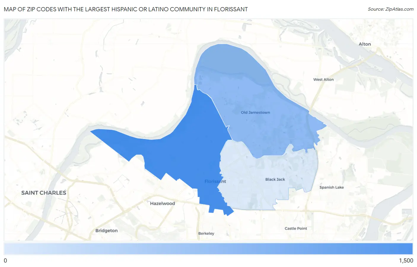 Zip Codes with the Largest Hispanic or Latino Community in Florissant Map