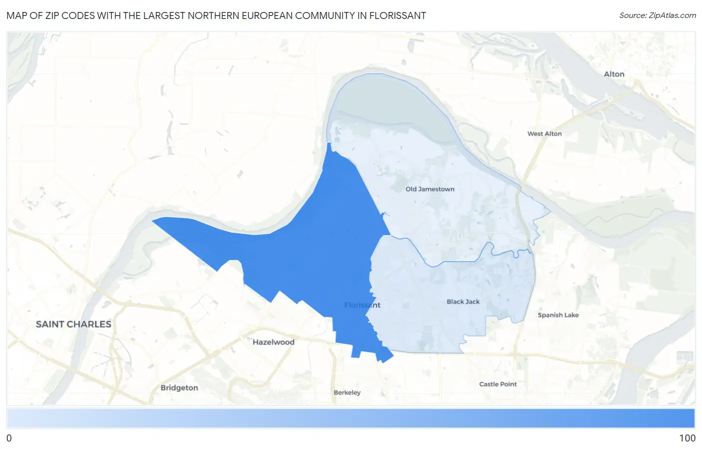 Zip Codes with the Largest Northern European Community in Florissant Map