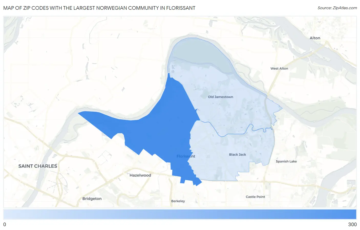 Zip Codes with the Largest Norwegian Community in Florissant Map