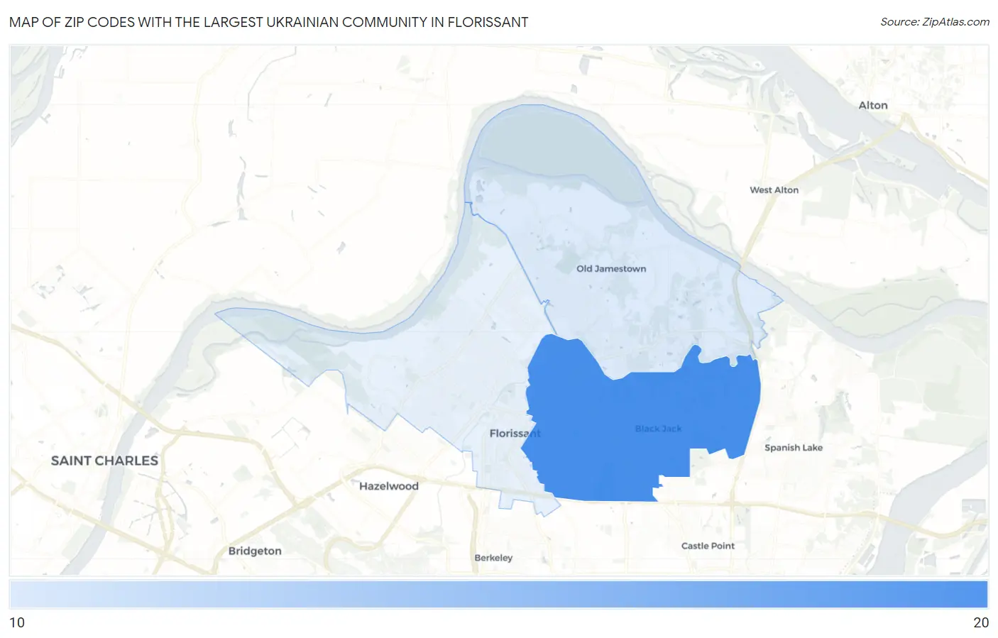 Zip Codes with the Largest Ukrainian Community in Florissant Map