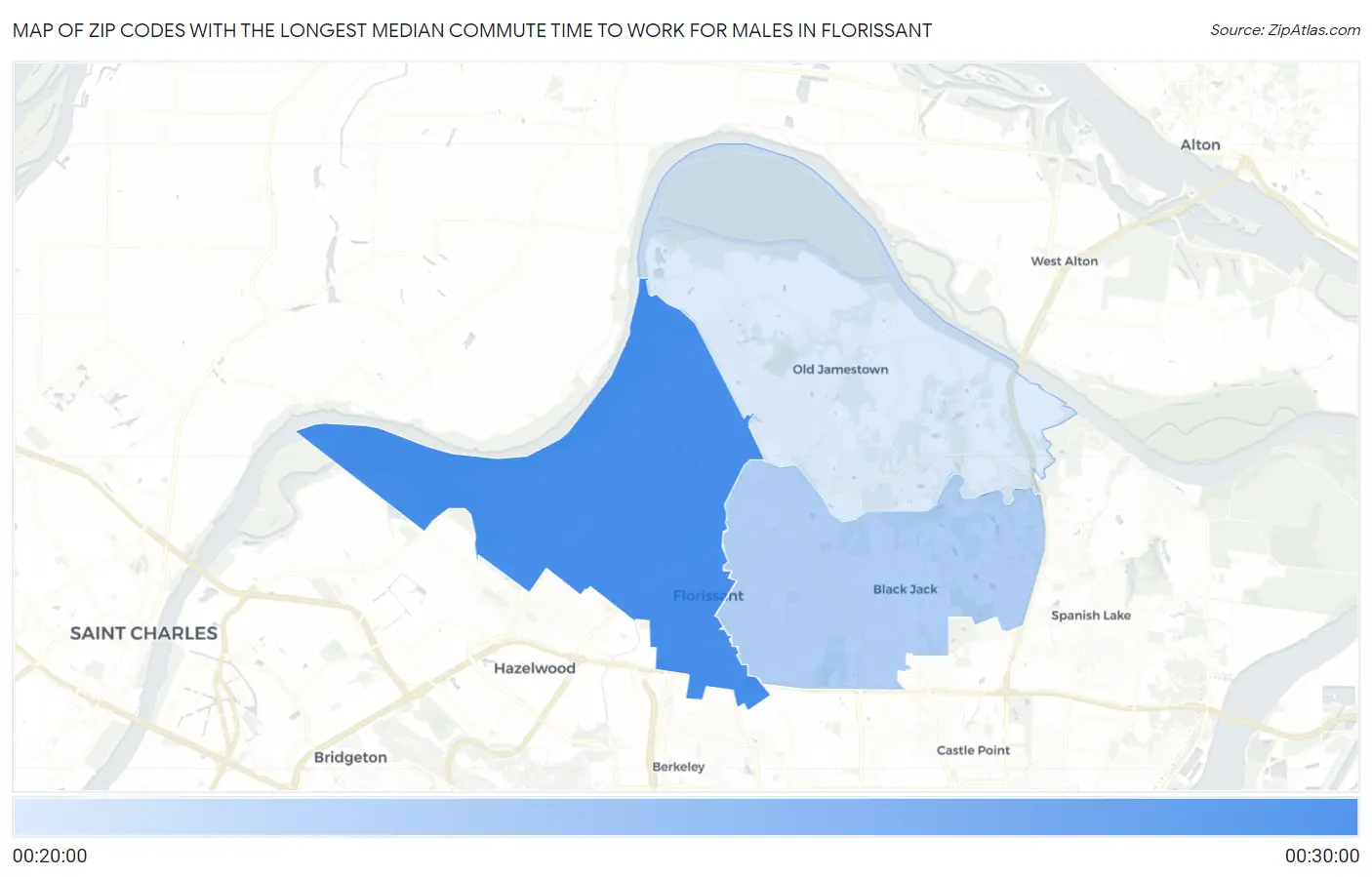 Zip Codes with the Longest Median Commute Time to Work for Males in Florissant Map