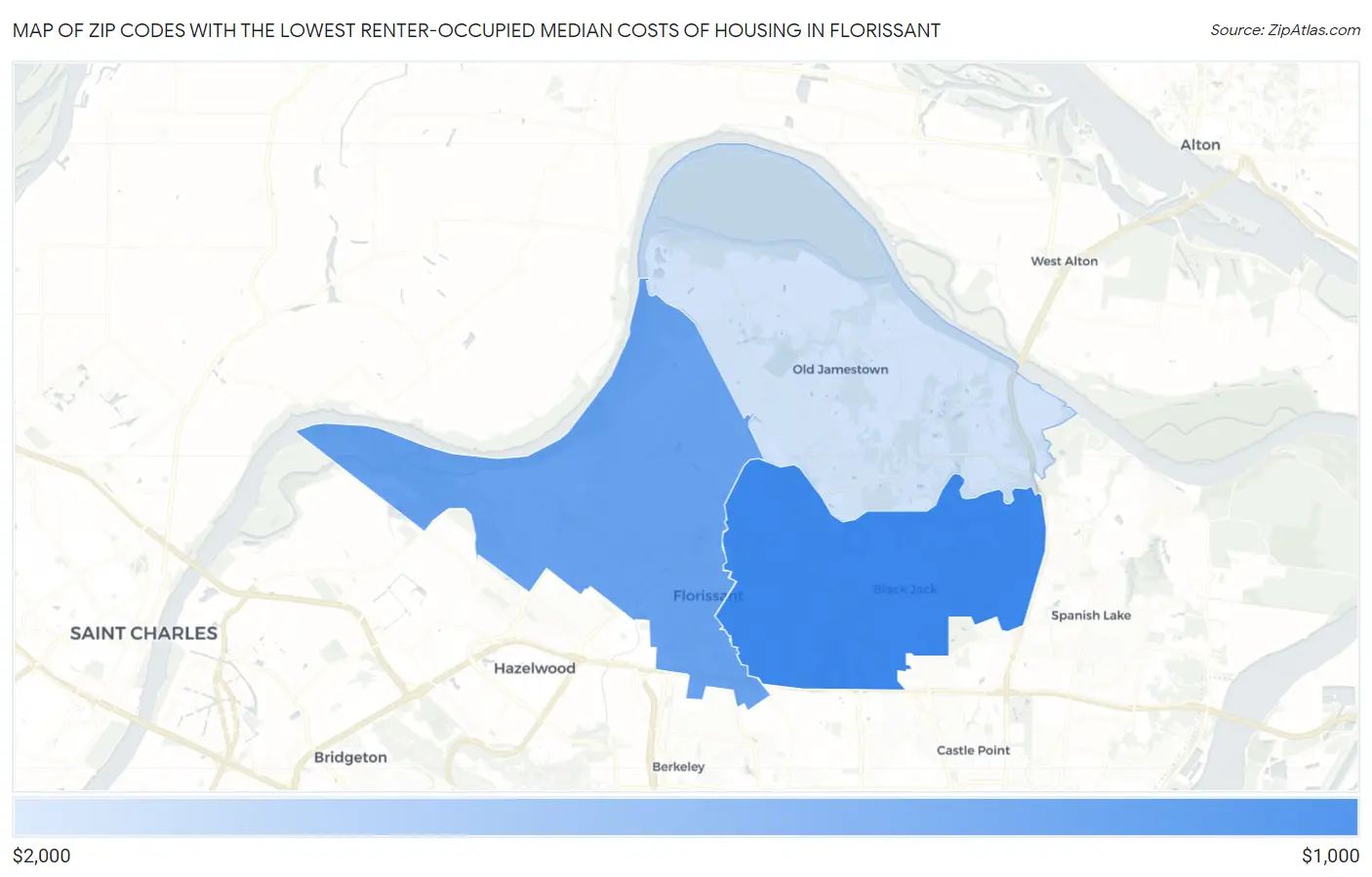 Zip Codes with the Lowest Renter-Occupied Median Costs of Housing in Florissant Map