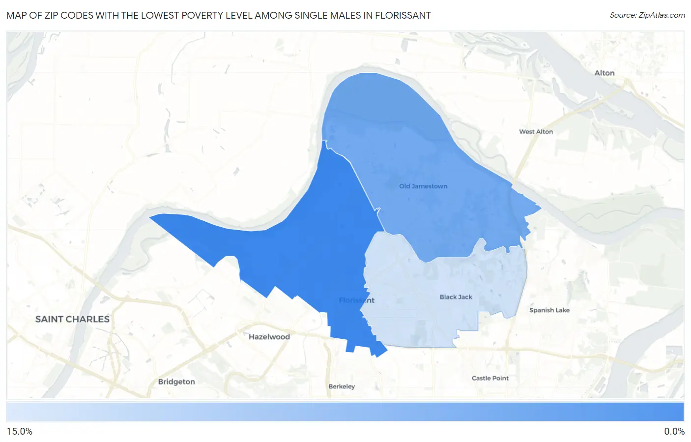Zip Codes with the Lowest Poverty Level Among Single Males in Florissant Map
