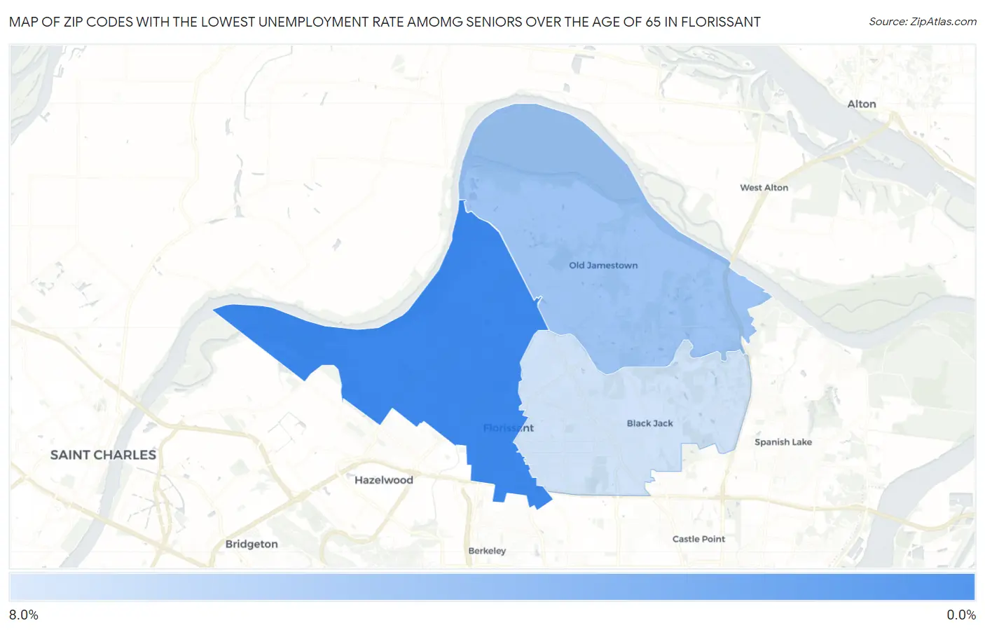 Zip Codes with the Lowest Unemployment Rate Amomg Seniors Over the Age of 65 in Florissant Map