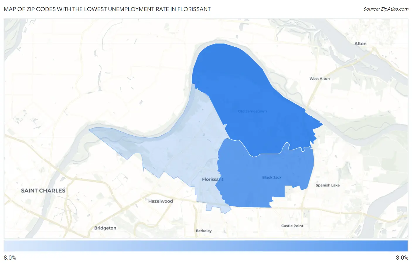 Zip Codes with the Lowest Unemployment Rate in Florissant Map